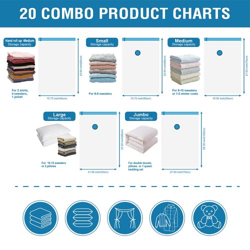 Cozy Essential Vacuum Storage Bags, 80% Compression Vacuum Seal Space Saver Plastic Packaging Bags for Clothes, Blankets, Pillow, Bedding, Comforters, Sealer Clothing Storage,20 Combo