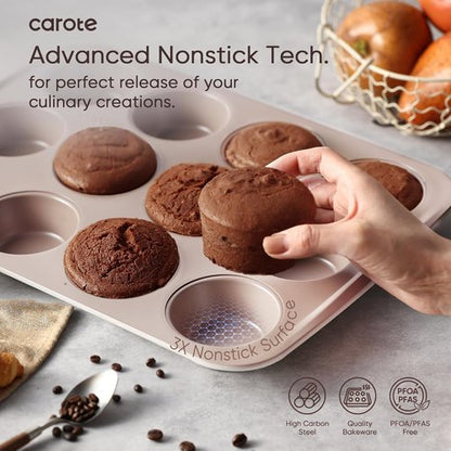 CAROTE 7-Piece Nonstick Bakeware Set - Versatile Baking Pans Including Cookie Sheets, Muffin & Loaf Pans, Gray & Khaki