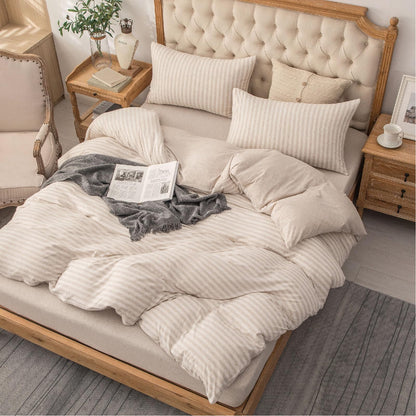 PURE ERA Jersey Knit Duvet Cover Set 100% T-Shirt Heather Cotton Super Soft Comfy Classic Striped Design, with Zipper Closure, Heather Beige Stripe, King