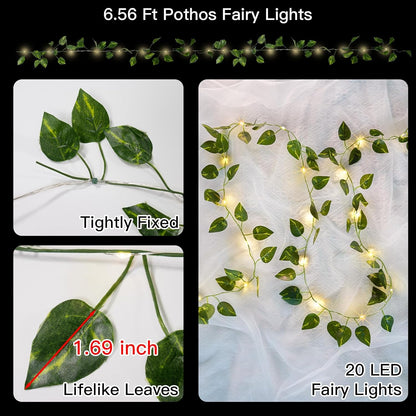 Suddus Vines with Lights - 20 LED Battery Operated Fairy Lights | 6.56FT Pothos String Lights for Bedroom, Garden, Party Decor (Warm White)