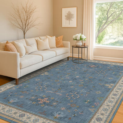 Skiennix Washable 5x7 Blue Rug - Colorful Low-Pile Carpet for Kids Room & Nursery | Non-Slip Design