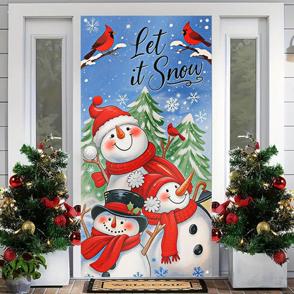 Door Cover Winter Wonderland Snowmen Pair - 35x71 Inch Polyester, Three Snowmen Variation