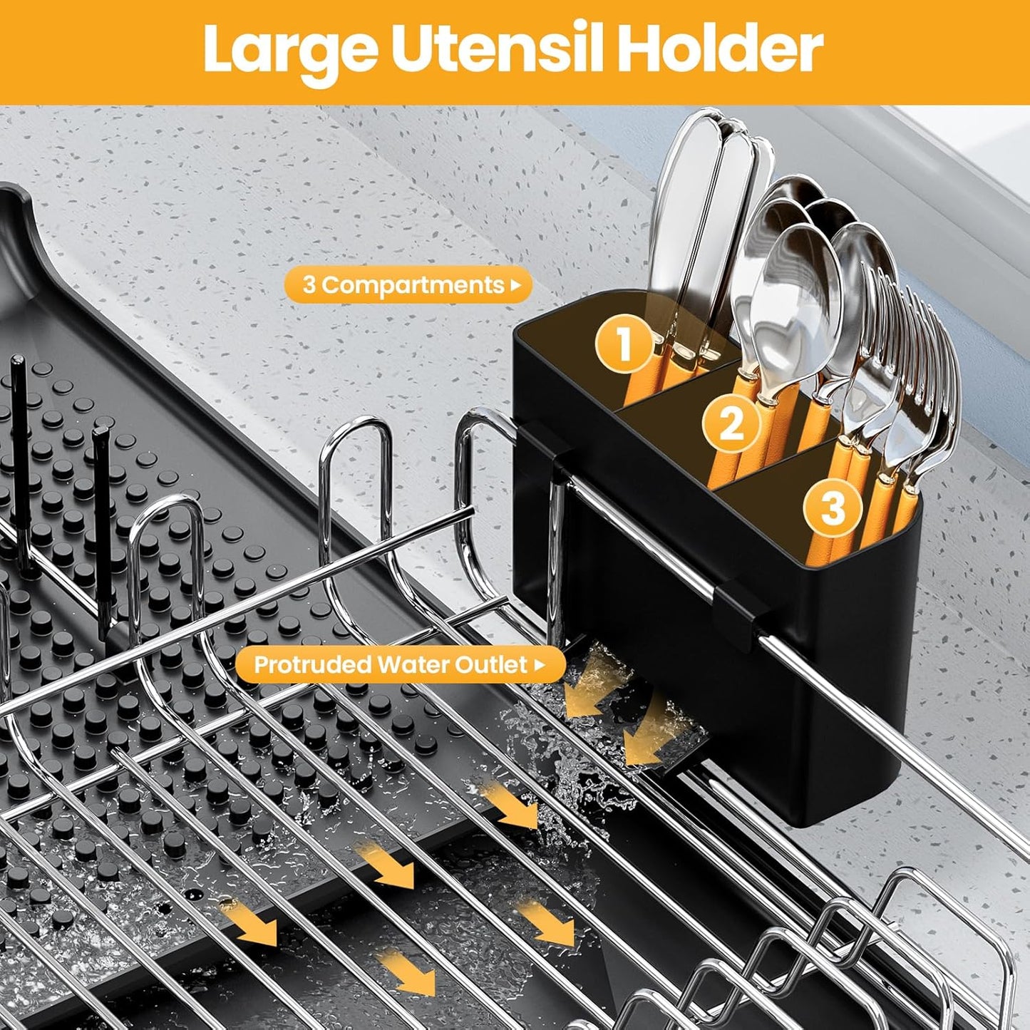 TOOLF Expandable Dish Rack - Stainless Steel Dish Drying Rack with Cutlery Holder | Large & Foldable, Black