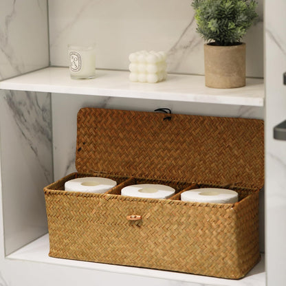 Seagrass Tank Basket - Woven Storage Basket with Lid for Organizing Snacks & Toys | Large 16.5" L x 5.5" W x 5.5" H