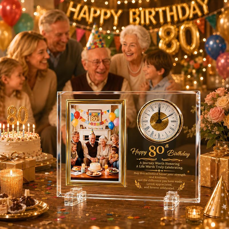 80th Birthday Glass Photo Frame Quartz Clock - 4x6 Photo Display - Gold-Tone Keepsake (Variation: 80th Birthday)