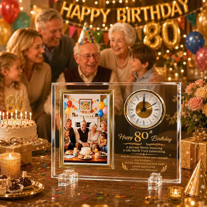 80th Birthday Glass Photo Frame Quartz Clock - 4x6 Photo Display - Gold-Tone Keepsake (Variation: 80th Birthday)