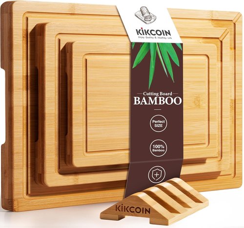 Kikcoin Bamboo Cutting Boards - 3-Piece Kitchen Set with Non-Slip Feet & Juice Grooves | Knife-Friendly Design