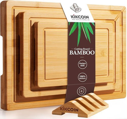 Kikcoin Bamboo Cutting Boards - 3-Piece Kitchen Set with Non-Slip Feet & Juice Grooves | Knife-Friendly Design