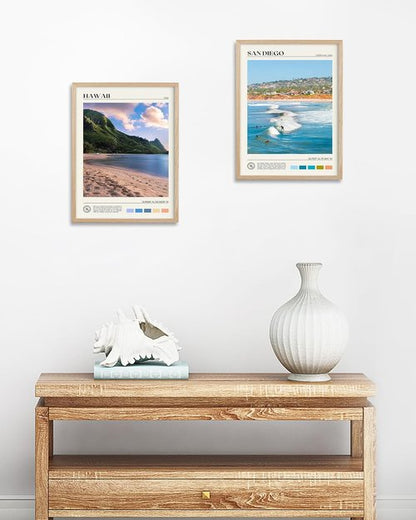 HesenDot Framed Wall Art - Natural Oak Wood Surfing Canvas Print | 12x16in Seascape Decor for Home & Office