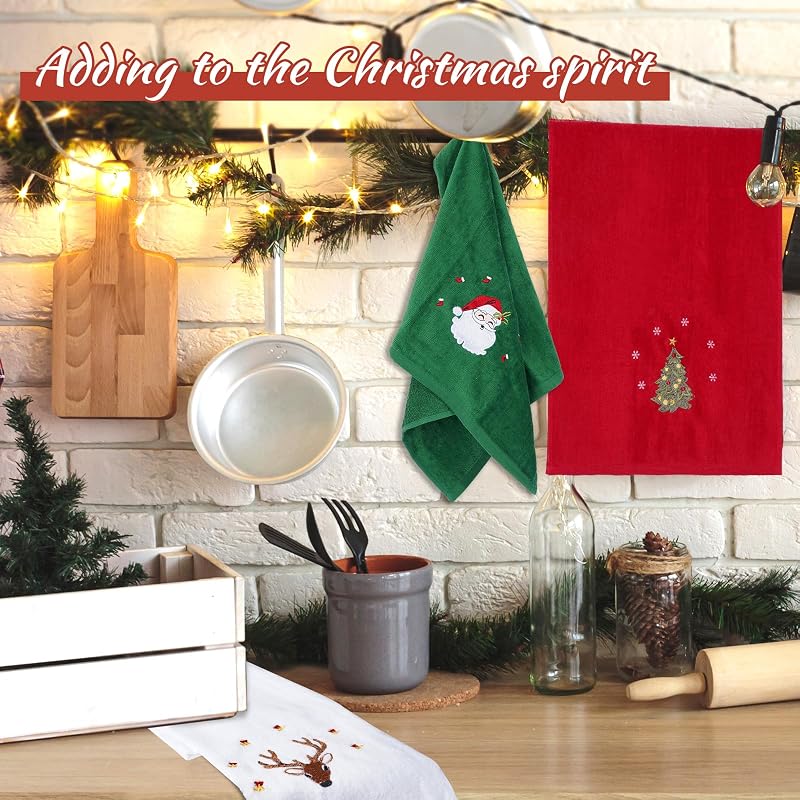 6 Pcs Christmas Hand Towels for Bathroom & Kitchen with Embroidery - 15 x 23 Inches, 100% Cotton (Variation: 6pcs)