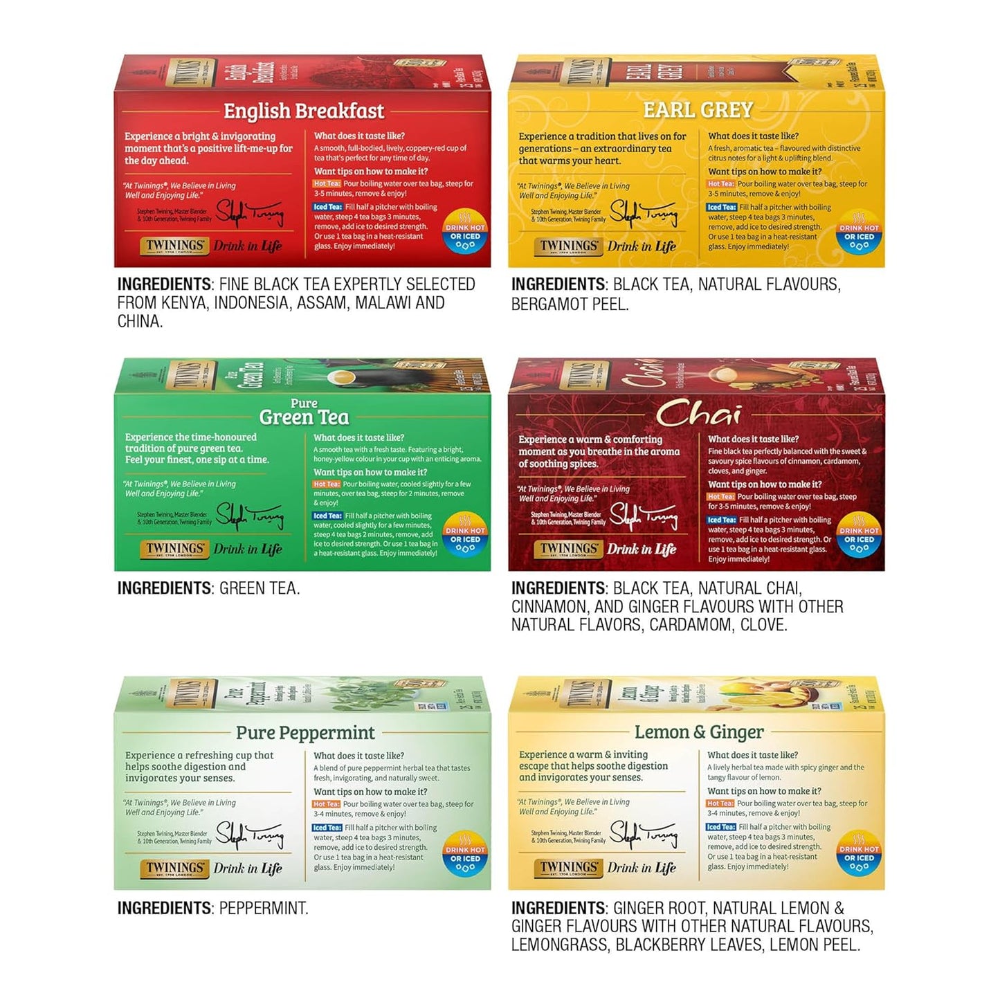 Twinings Variety Pack Tea Bags - 25 Count (Pack of 6) | Includes English Breakfast, Earl Grey, Lemon Ginger, Peppermint, Green & Chai