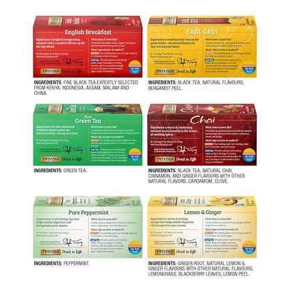 Twinings Variety Pack Tea Bags - 25 Count (Pack of 6) | Includes English Breakfast, Earl Grey, Lemon Ginger, Peppermint, Green & Chai