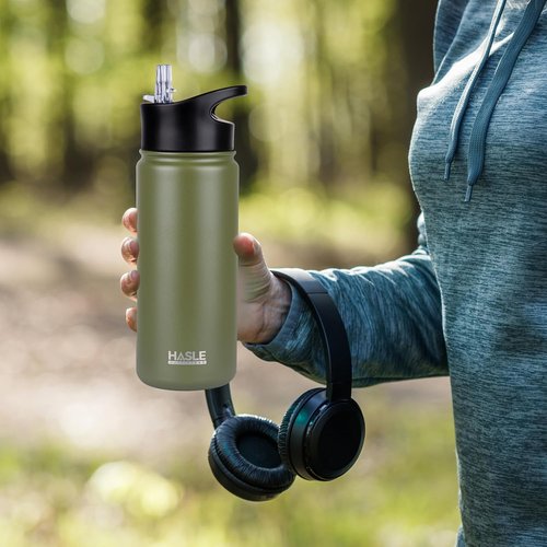 HASLE OUTFITTERS Insulated Water Bottle - 16 oz Double Wall Stainless Steel | Leak Proof, Wide Mouth, Army Green