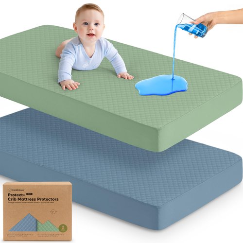 2-Pack Waterproof Crib Mattress Protector Cover Fitted - Quiet Baby Crib Mattress Pad Sheets, 52" x 28" Soft Quilted Cotton Baby Sheet, Machine Washable, Easy Fit, Durable (Lagoon/Quin)