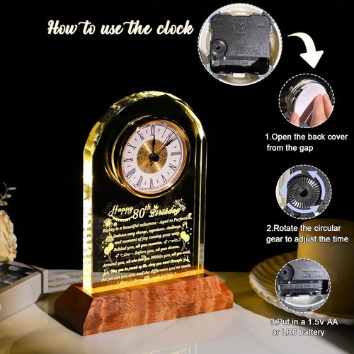 Arikyrist 80th Birthday Glass Clock - Unique Quartz Gift with Wooden Base for Men & Women
