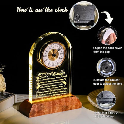 Arikyrist 80th Birthday Glass Clock - Unique Quartz Gift with Wooden Base for Men & Women