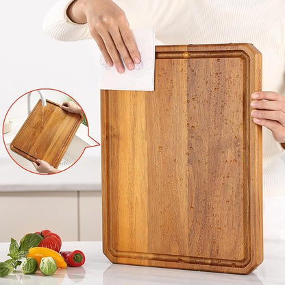 Acacia Wood Cutting Board - Extra Large Charcuterie Board with Juice Groove & Handles | Ideal for Meat, Cheese, Fruits, and Vegetables