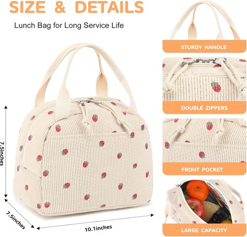 Bluboon Insulated Lunch Bag - Cute Corduroy Tote for Work, Picnic, or Travel | Large Capacity