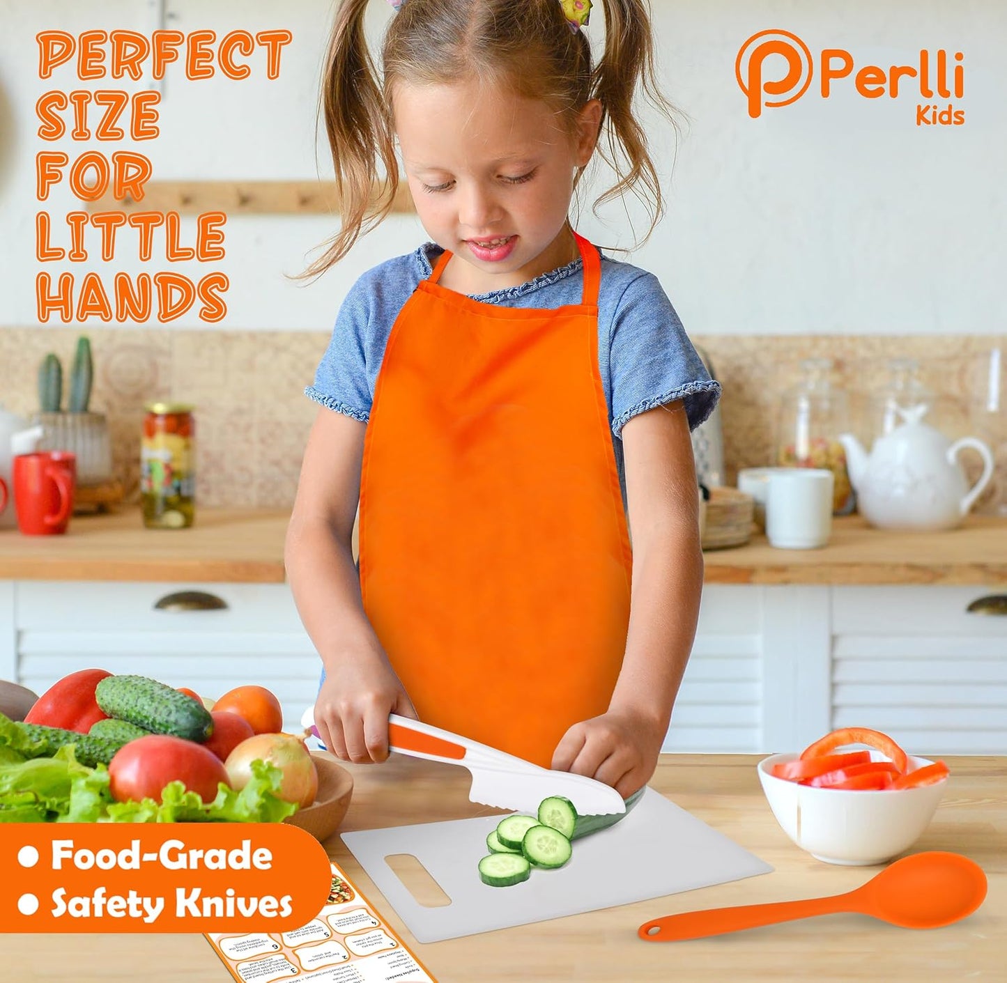 Perlli Kids Cooking Set - 31-Piece Real Utensils Gift for Junior Chefs | Safe Knife Set for Ages 6+ - Orange