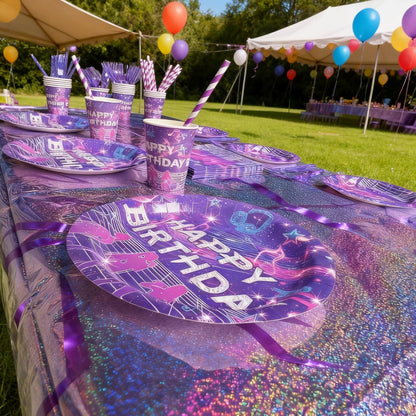 Skiennix Holographic Tablecloth - 54x108 Inch Purple Lightning Bolt | Waterproof Disposable Cover for K-Pop Birthday Party