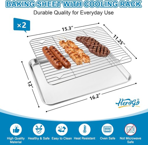Herogo Stainless Steel Baking Sheet Set - 2 Pans & 2 Racks | 16" x 12" Rectangle, Non-Toxic & Easy Clean