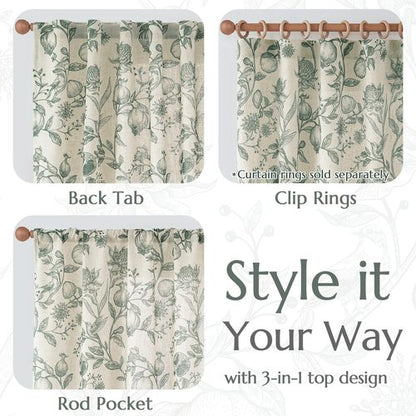 jinchan Linen Curtains Floral Curtain for Living Room 84 Inch Long Dark Green French Back Tab Light Filtering Toile Print Farmhouse Bedroom Curtains Window Drapes Set 2 Panels