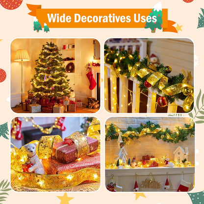 Minetom Christmas Tree Ribbon Lights - 33ft 100 LED Battery-Powered Fairy Lights | 8 Lighting Modes, Gold