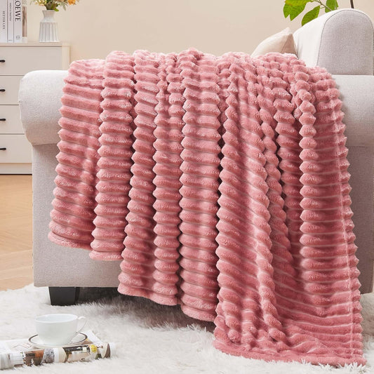 BEDELITE Fleece Throw Blanket - Soft & Warm 3D Ribbed Jacquard Design | Cozy Pink 50x60 Inches
