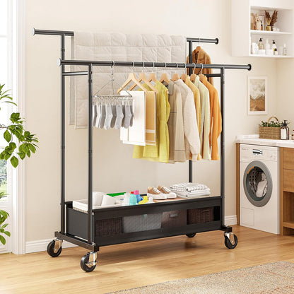 Skiennix Double Rod Clothing Rack - Heavy Duty Rolling Garment Rack with Storage Basket | Black