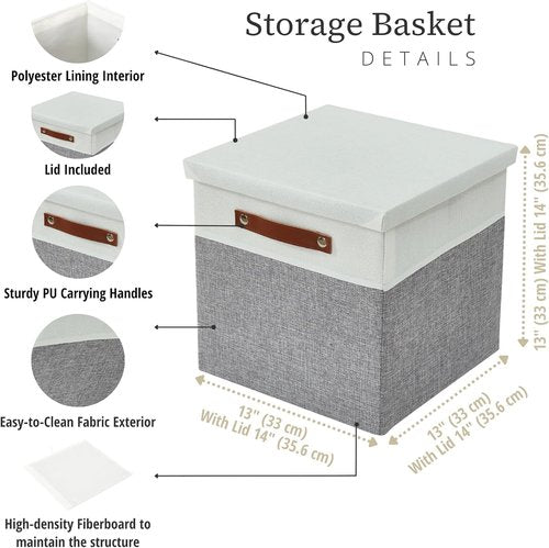 DECOMOMO Storage Basket - Stylish Fabric Box with Lid & Handles | Grey & White, 11” | 3 Pack