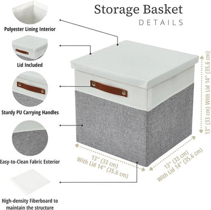 DECOMOMO Storage Basket - Stylish Fabric Box with Lid & Handles | Grey & White, 11” | 3 Pack