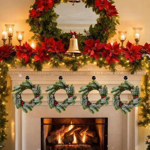 Jansun Christmas Candle Rings - 4 Pcs Red Berries & Pine Needles Mini Wreaths for Table Centerpieces