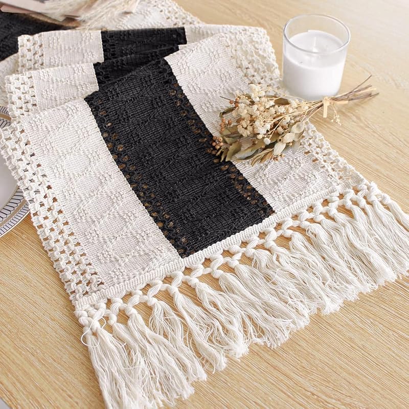 Shadow Black 12x90 In. Farmhouse Table Runner - Boho Bohemian Silk Polyester Cotton, 90" Long