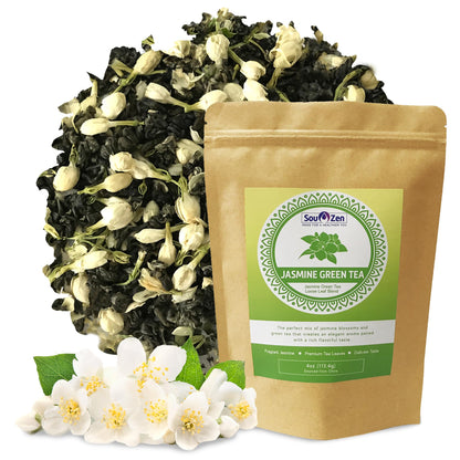 Sou Zen Jasmine Green Tea Loose Leaf Blend 4oz (113g) | Premium Quality Tea Leaves and Flowers | Raw with Naturally Organic Antioxidants | Relaxing and Revitalizing Tea with No Additives