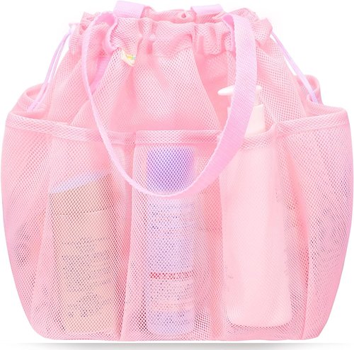 Famichan Mesh Shower Caddy - Portable Drawstring Bag for College Students | Large Pink Shower Organizer for Travel, Gym, Camping