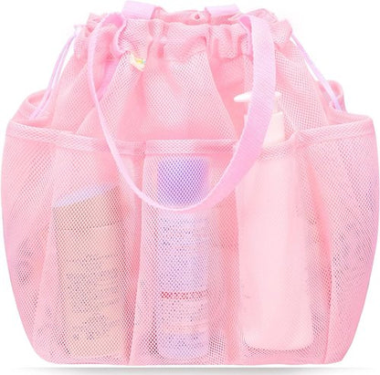 Famichan Mesh Shower Caddy - Portable Drawstring Bag for College Students | Large Pink Shower Organizer for Travel, Gym, Camping