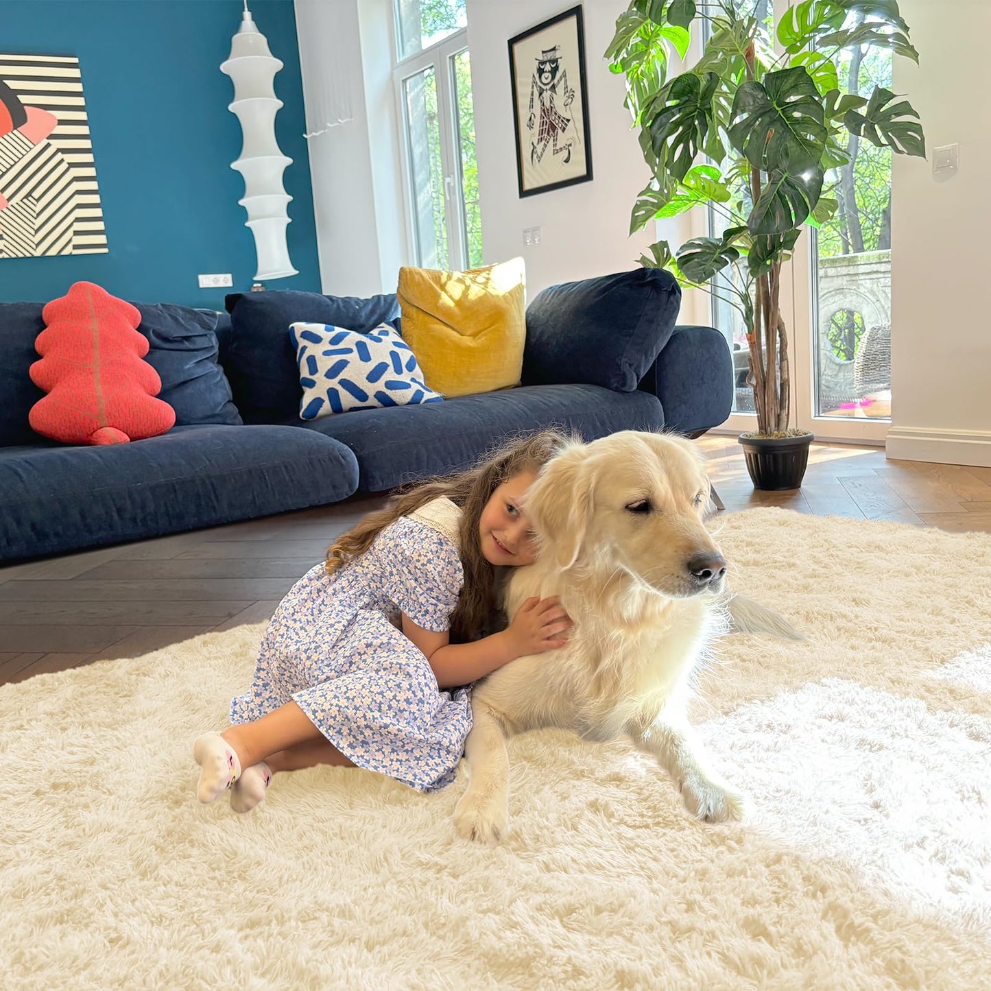 OLANLY 5x8 Machine Washable Large Area Rugs for Living Room, Bedroom, Soft Fluffy Shaggy Bedside Rug, Indoor Floor Carpet for Kids Girls and Boys, Dorms, Nursery, Home Decor Aesthetic, Cream