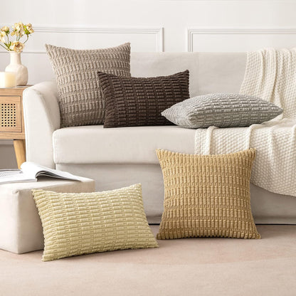 MIULEE Euro Sham Pillow Covers - Soft Boho Striped Corduroy | Pack of 2, 22x22 Inch, Light Brown