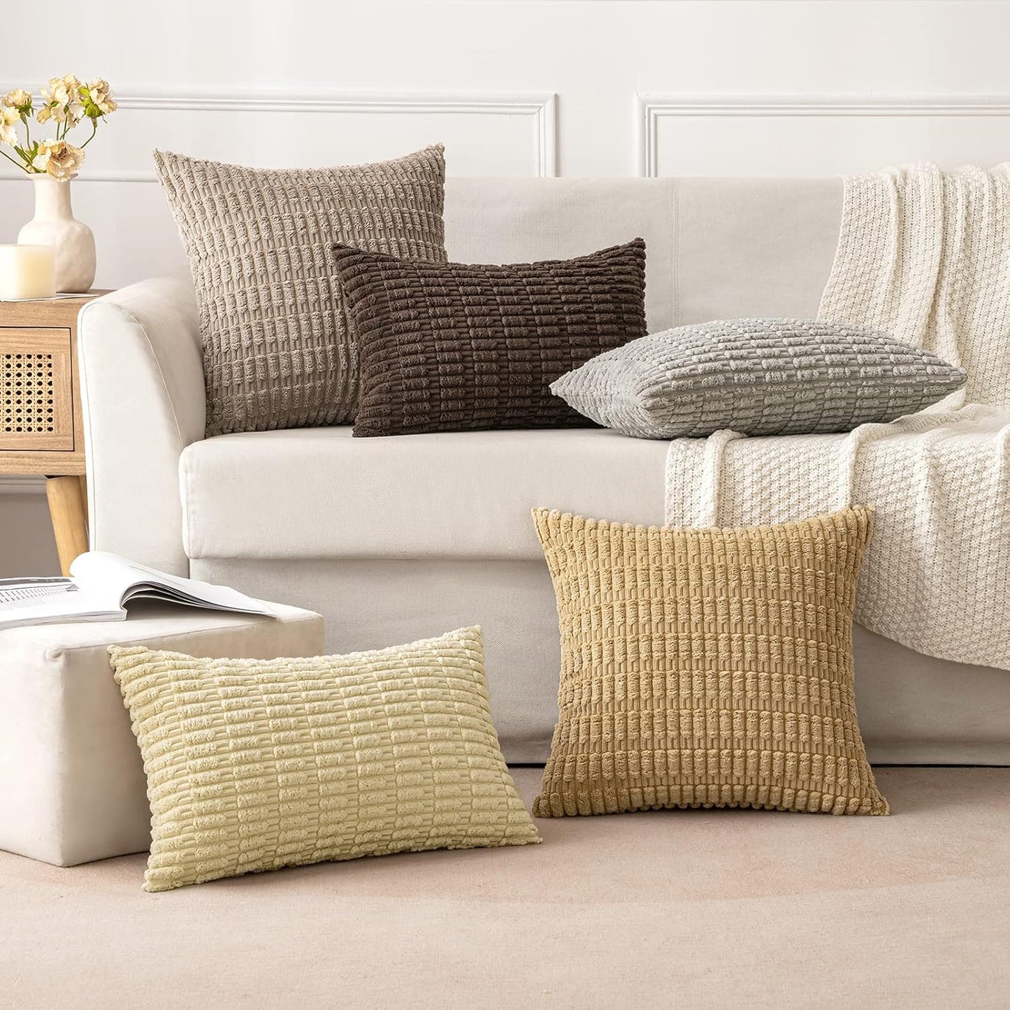 MIULEE Decorative Throw Pillow Covers - Soft Corduroy Boho Striped Design | 16x16 Inch, Dark Brown, Set of 2