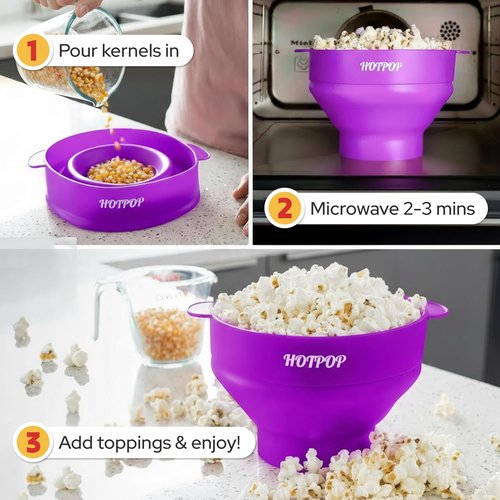Hotpop Microwave Popcorn Popper - BPA-Free Silicone Maker, Collapsible Bowl | Available in 20 Colors (Purple)