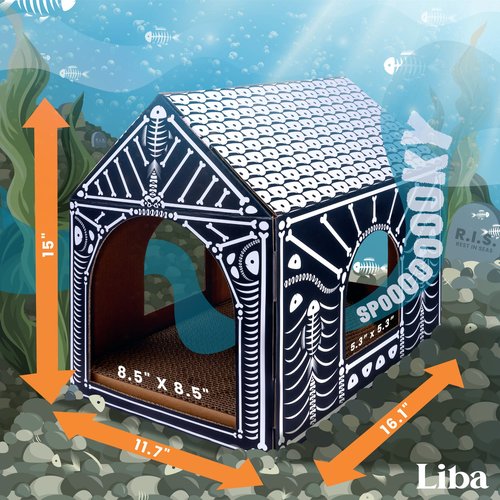 LiBa Cardboard Cat House with Scratch Pad and Catnip, Cat Bed for Indoor Cats, Cat Scratcher, Halloween Decorations Halloween Cat Toys Gifts for Cats Fish Bone