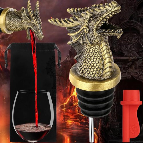 LKKCHER Dragon Head Liquor Pourers Spout for Alcohol Spirits, Dragon Gifts 2-In-1 Wine Bottle Pourer and Stopper for Men Women, Wine Accessories Gifts, Bronze with Bag