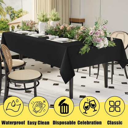 smiry Disposable Table Cloth 6 Pack, 54 x 108 Inch Table Cloths for Parties, Decorative Tablecloths for Rectangle Tables, Waterproof Plastic Table Cover, Leakproof & Sturdy, Black