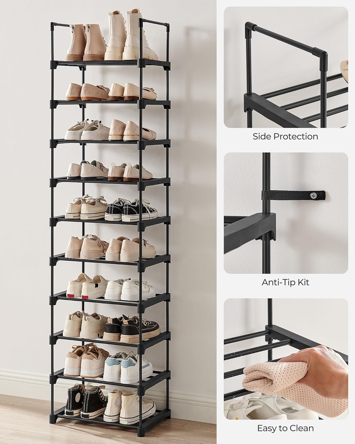 SONGMICS 10-Tier Shoe Rack - Versatile Metal Organizer for 11-22 Pairs | Black, 11.8 x 17.7 x 68.5 Inches