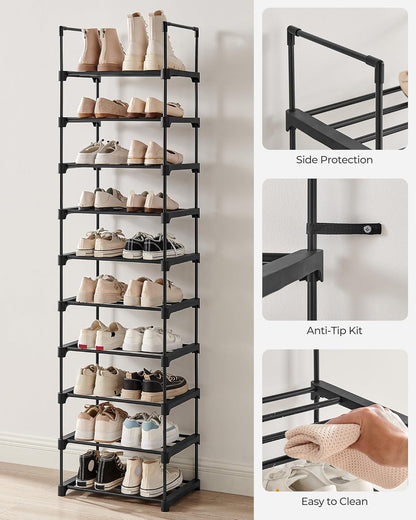 SONGMICS 10-Tier Shoe Rack - Versatile Metal Organizer for 11-22 Pairs | Black, 11.8 x 17.7 x 68.5 Inches