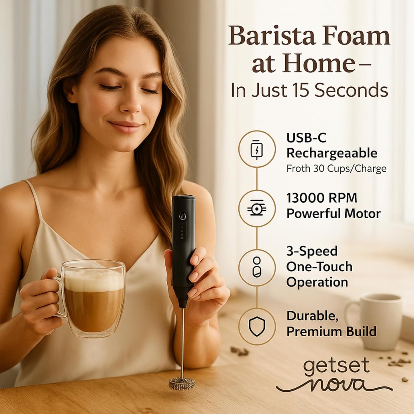 Nova Rechargeable Milk Frother - Dual Spring Technology for Perfect Foam | 1 Year Warranty