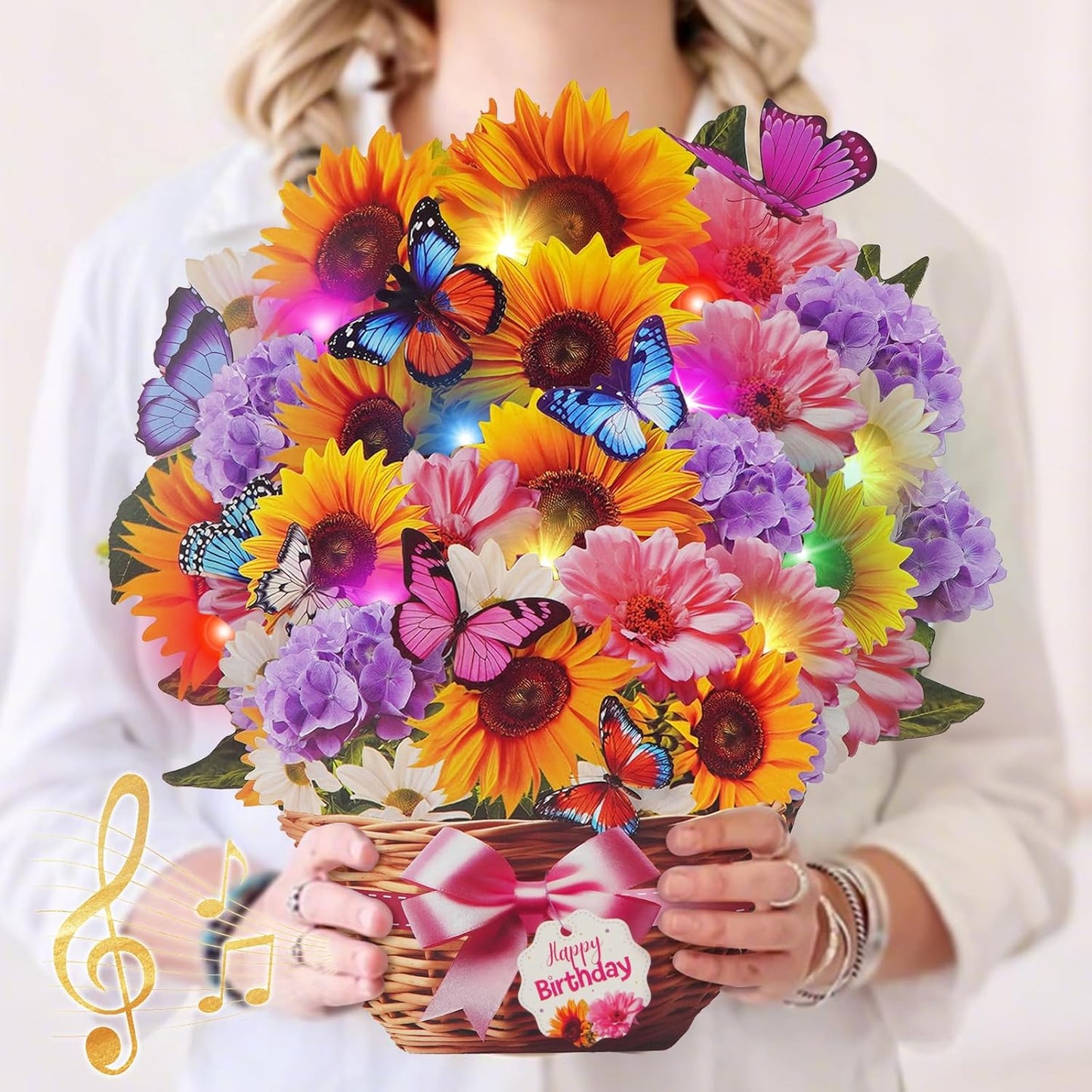MZD8391 Birthday Cards - Musical Pop-Up Card with Lights | Sunflower & Butterfly Design, 10-Inch Size
