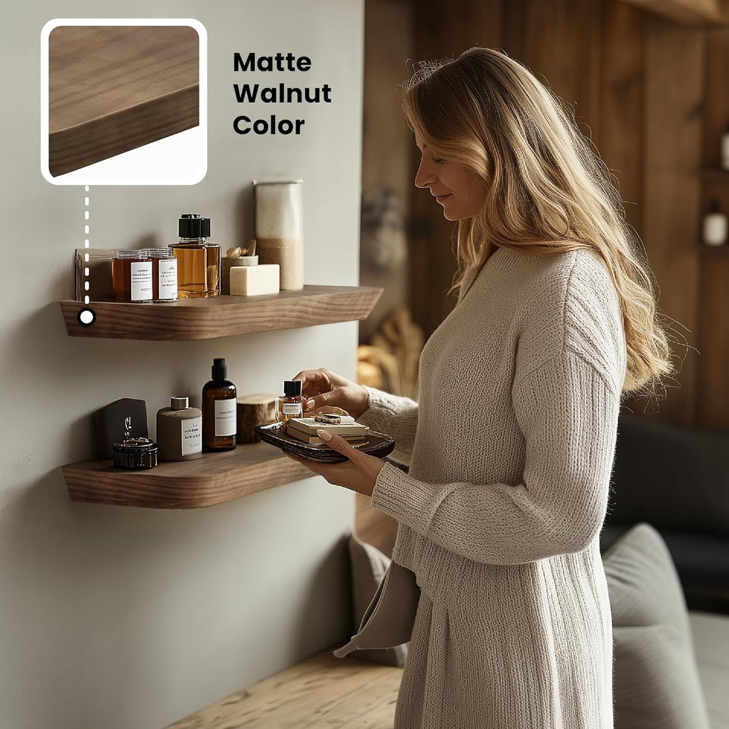 Wood Floating Shelves - 16 Inch Set of 2 | Stylish Bathroom & Bedroom Wall Storage - American Walnut Finish