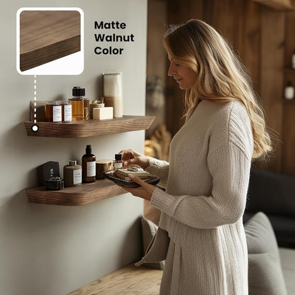 Wood Floating Shelves - 16 Inch Set of 2 | Stylish Bathroom & Bedroom Wall Storage - American Walnut Finish