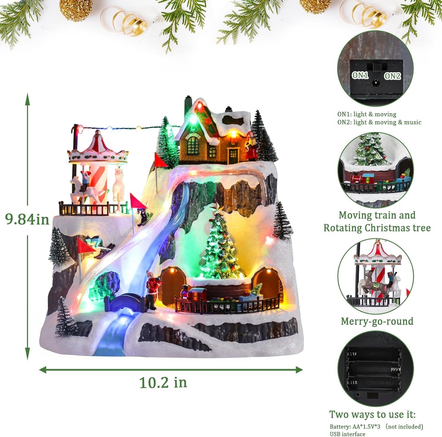Wonder Garden Christmas Village Houses - Lighted Musical Ski Resort with Moving Train & Carousel | Collectible Indoor Decor